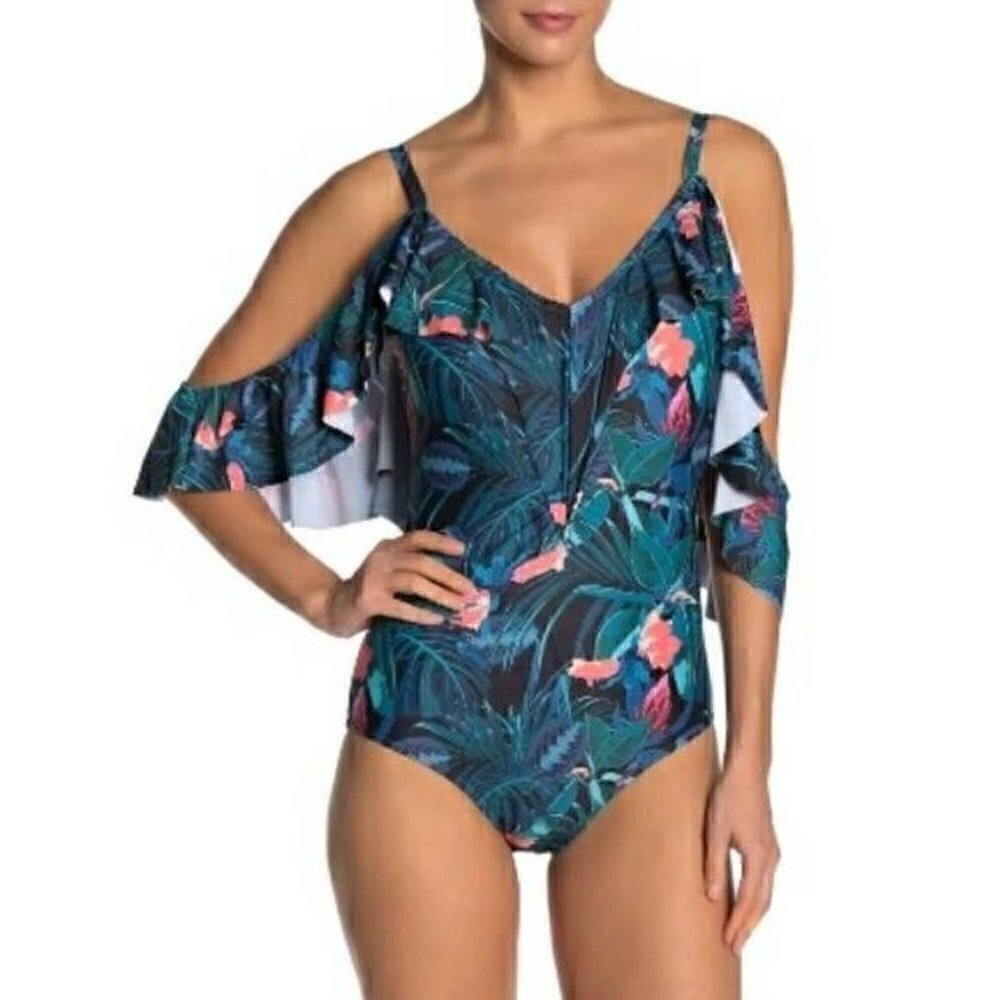 New Nicole Miller Ruffle Cold Shoulder One Piece Swimsuit Floral Tropical Sz S